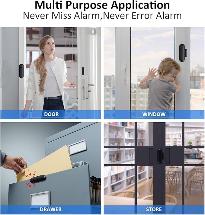 AKOYU Window and Door Alarm When Opened (2 Pack) for Kids Safety/Home Security, Wireless Opening Sensor Alarms for Sliding Glass Door, 120dB Burglar Alert, Ideal for Business,Garage,Apartment, Black