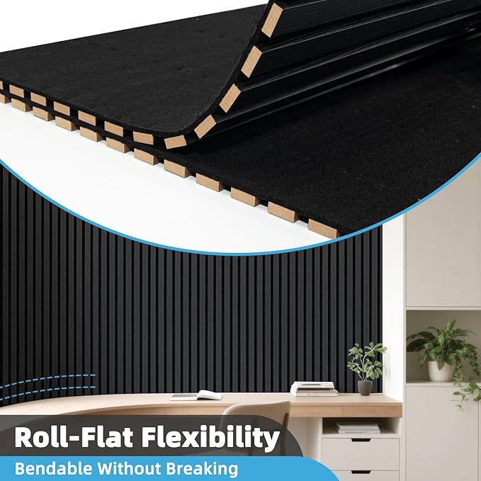 Art3d 1-Pack Acoustic Wood Slat Wall Panel with Roll-Flat Design - 95.3 x 23.8 Inch Sound Absorbing Panels for Living Room Columns Corridor Curved Wall Decor, Blackwood