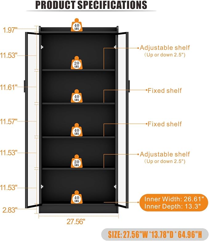 Dystler Display Cabinet with Doors and Adjustable Shelves, 65" Tall Bookcase with LED Lights/Human Sensor, 5 Tier Display Case for Collectibles Bedroom Living Room Office, Black