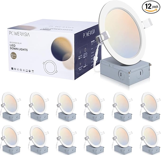 POWERASIA 12 Pack 6 Inch Ultra-Thin LED Recessed Ceiling Light with Junction Box, 5CCT Dimmable 2700K/3000K/4000K/5000K/6000K,15W 1200lm Can Killer Downlight-ETL and Energy Star Certified