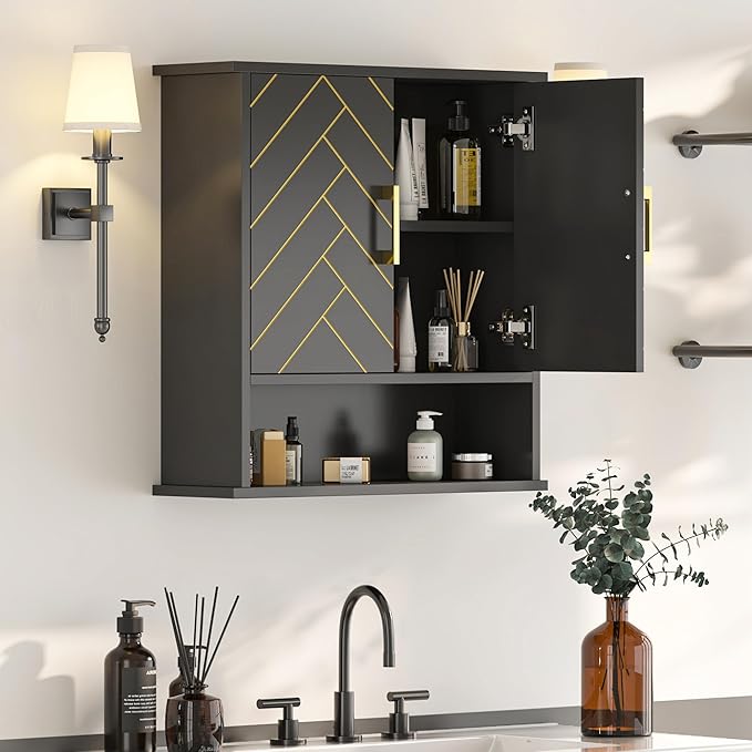 Black Chevron Pattern Bathroom Wall Cabinet, Modern Hanging Medicine Cabinet with Gold Hardware, Space-Saving Over Toilet Storage Organizer (23 5/8" x 22 7/8" x 7 1/8")