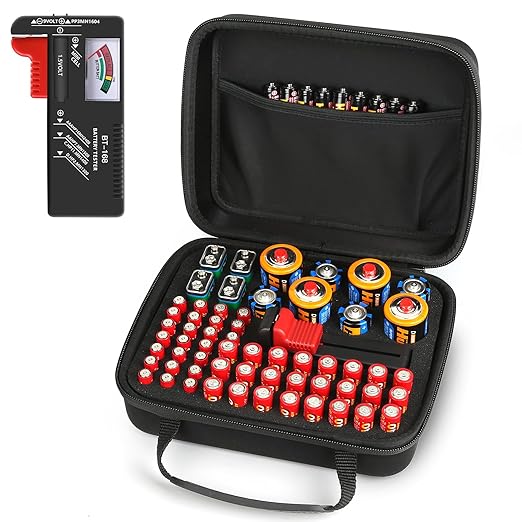 Arkeiliy Battery Organizer, Battery Organizer Storage Case with Tester BT-168, Waterproof Battery Holder Box Holds, Battery Case Organizer 60+ AA AAA C D 9V Batteries (Batteries are Not Included)