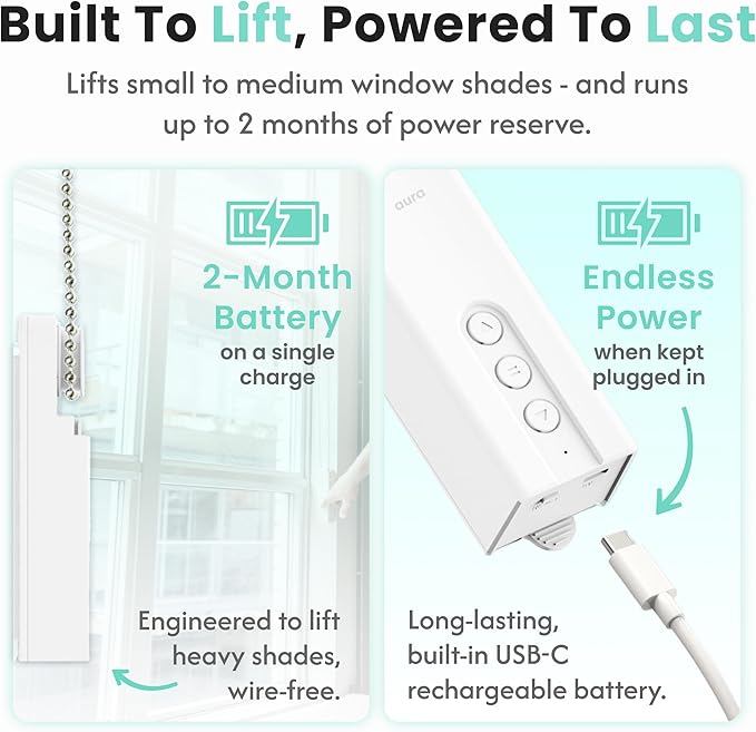 Aura Roller Smart Shade Driver, Remote Control & WiFi Dongle | Automate Existing Blinds | Beaded Window Shade Compatible Up to 4x5ft | Rechargeable Battery | Set Schedules | Hands Free Voice Control