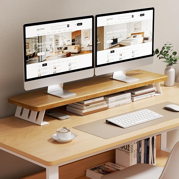 NestNeat Dual Monitor Stand Riser, 39 Inch Large Wood Monitor Stands for 2 Monitors, Desk Monitor Riser for Computer/Laptop/Printer/TV, Stand Riser up to 220 lbs