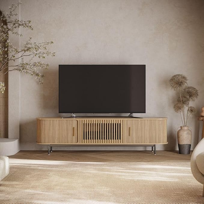 POVISON Fully-Assembled Mid Century Modern TV Stand for 75 inch TV, Sliding Door Entertainment Center with Storage, Wood TV Console, Media Console for Living Room Bedroom(Oak, 78.74")