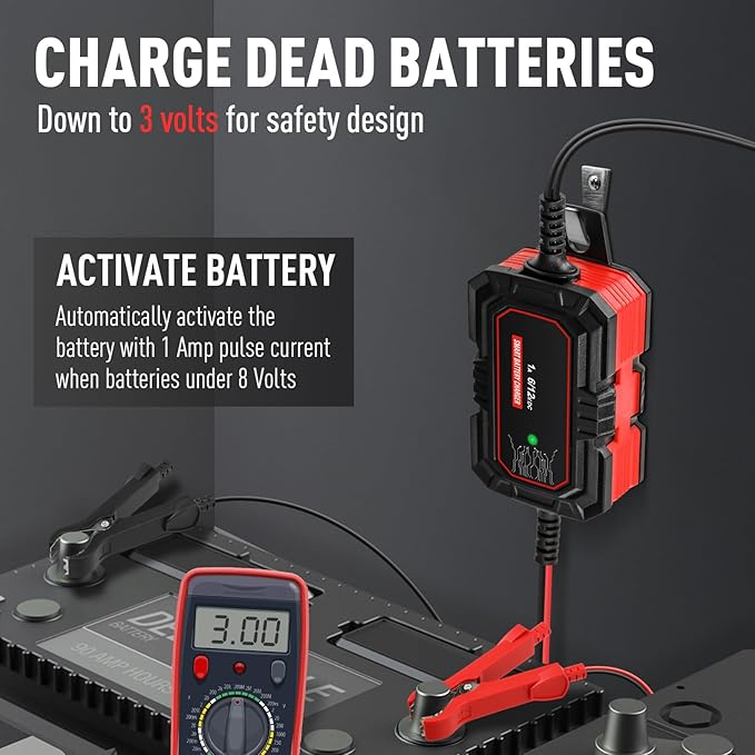 Sailvono 1A Battery Charger, 6V and 12V Smart Trickle Charger, 10-Stages 14.6 Volt LiFePO4 Automatic Battery Maintainer with Supply Mode for Motorcycle Car Lawn Mower Boat Marine Lead Acid Batteries