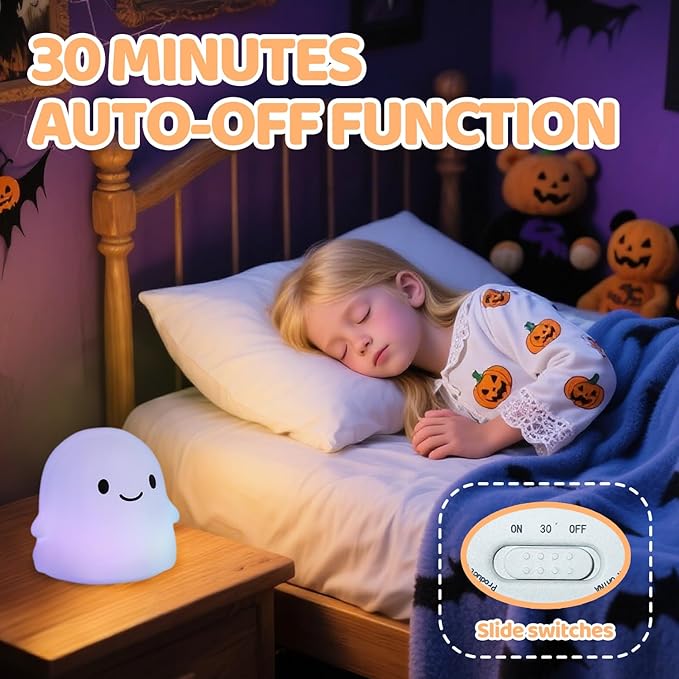 Rytinazzz Halloween Ghost Night Light, Color-Changing & 50-Hour Battery, Spooky-Cute Squishy Lamp for Kids, USB Rechargeable with Timer, Halloween Decor & Gifts