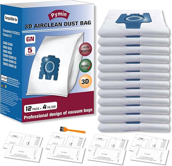 Pymin Upgraded 12 Pack GN Vacuum Dust Bags Compatiable with Miele Hoover Bags,3D Efficiency GN Vacuum Bags for Classic C1,Complete C2 C3, S227 S240, S270, S400, S600, S800,S2, S5, S8 Series