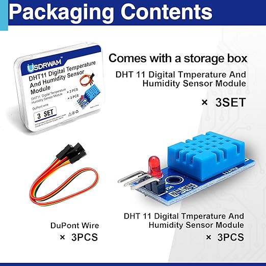 3 Set Digital Temperature and Humidity Sensor Modules, Compatible with DHT11, 3.3V–5V Sensors for Arduino with Dupont Wires