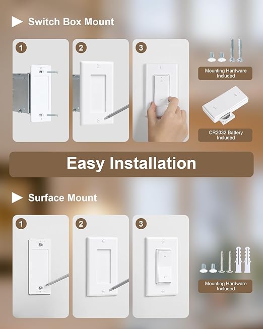 TREEWELL Wireless Light Switch and Receiver Kit, Decorator Rocker Wall Switch, 200FT Long Range RF Remote Control, No in-Wall Wiring Required, Programmable & Expandable for Ceiling Light, Fans, Lamps