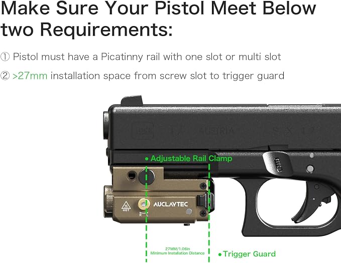 AUCLAYTEC Pistol Flashlight Green Laser Combo 420 Lumens Pistol Light Recharge - Image 5