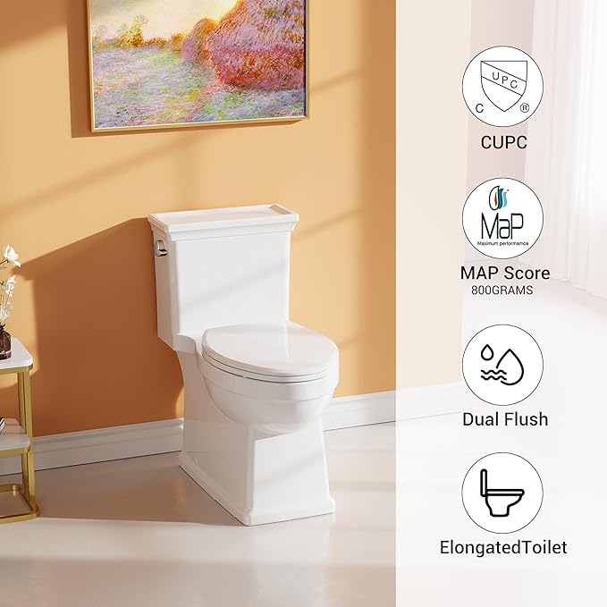 One-Piece Toilet with Classic Design, ADA Height, 1.28 GPF, Durable Ceramic Toilet for Bathroom, CUPC Certified