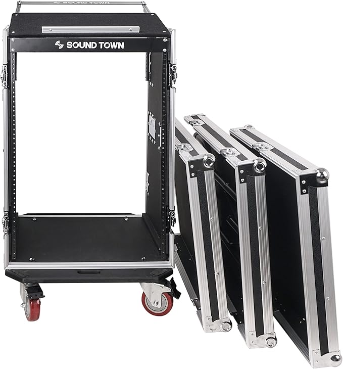 Sound Town Heavy-Duty 1/2" (12mm) Plywood 16U PA DJ Pro Audio Rack/Road ATA Case with 11U Slant Mixer Top, Locking Drawer, Side Table, 20’’ Rackable Depth and Casters (STMR-16TD3)