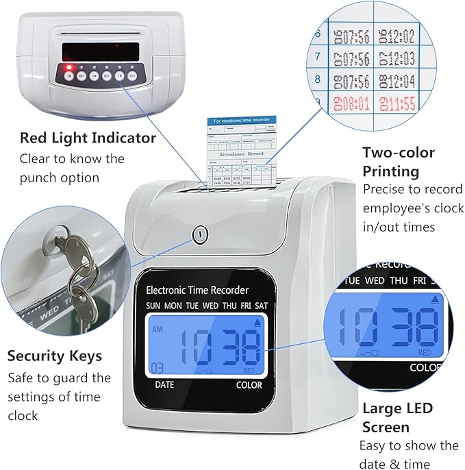 TooCust Time Clock Bundle with 200 Time Cards, 4 Ink Ribbons, 2 Ten-Slot Time Card Racks, & 2 Security Keys, Auto-Align Employee Time Clocks for Small Business