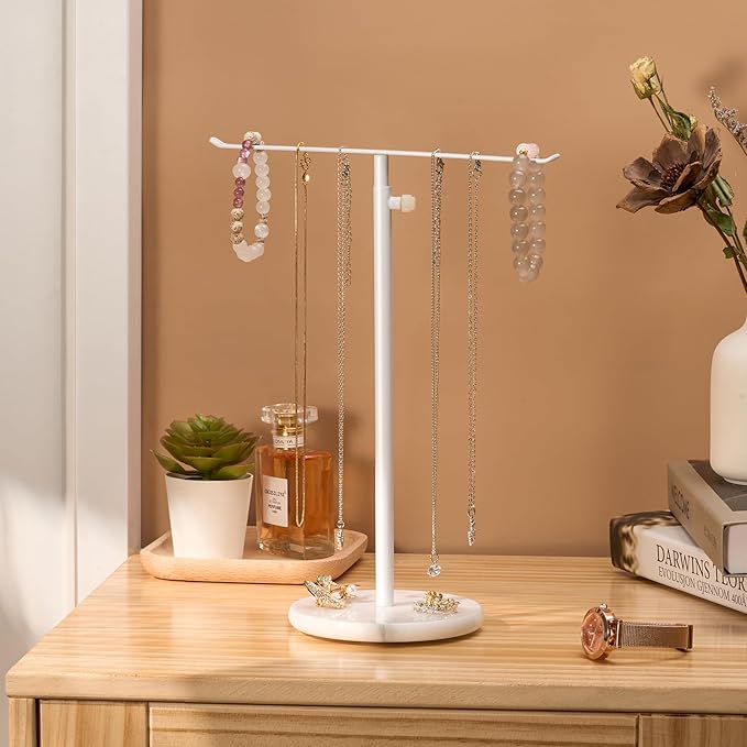 Josmimic White Necklace Holder Jewelry Organizer Stand – Adjustable Height T‑Bar Jewelry Display with White Marble Base, Necklace & Bracelet Holder, Countertop Jewelry Tree
