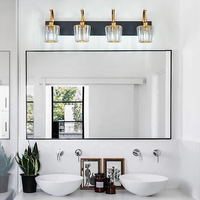 FDPBY Modern Bathroom Vanity Light, 4-Light Black Gold Wall Sconce with Crystal Accents, Over Mirror Bathroom Lighting Fixture, 32.67" Long Dimmable Vanity Lamp for Makeup, Easy Installation