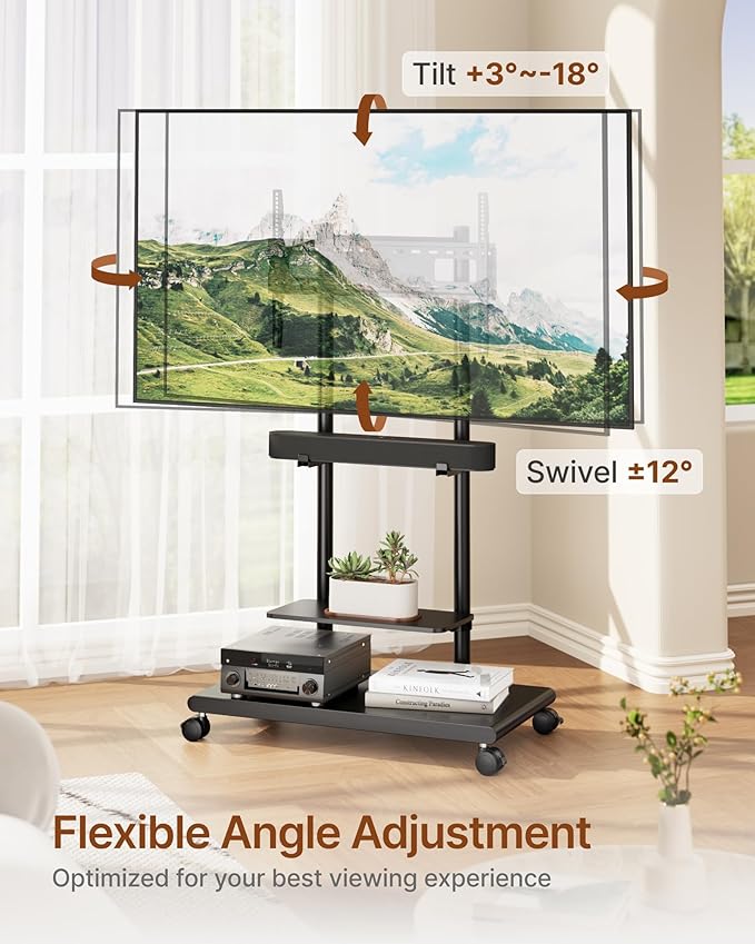 ECOTINY Steel Base Rolling TV Stand with Soundbar Mount for 50-90 inch TVs up to 154lbs, Swivel&Tilt Mobile TV Stand with Large Storage, Height Adjustable Heavy-Duty TV Cart, Max VESA 600x400mm, Black