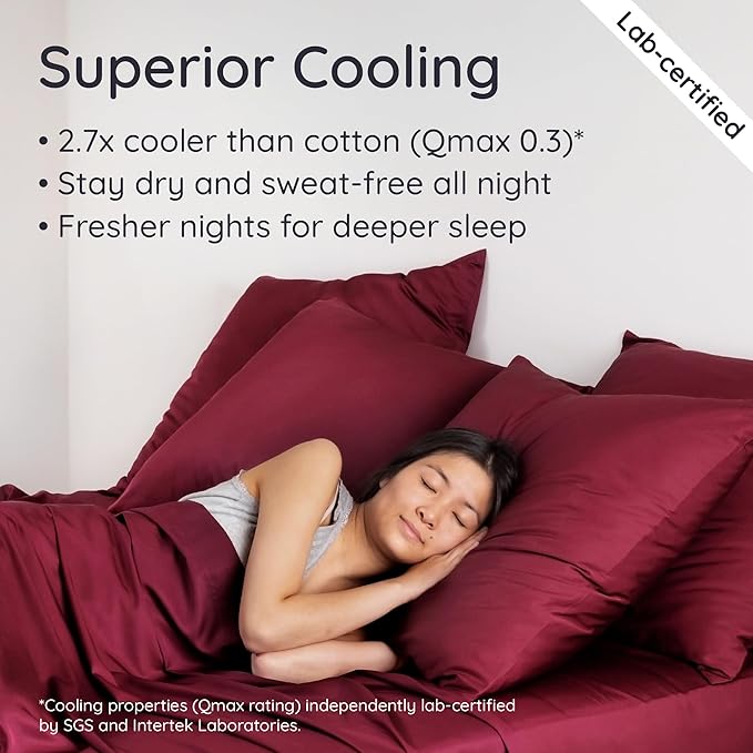 Bambaw Queen Size 4pcs Cooling Sheets Set 100% Viscose Derived from Bamboo, Luxury Bedding, Soft Sheets, Deep Pocket Fits Up to 16'' Mattresses (Burgundy)