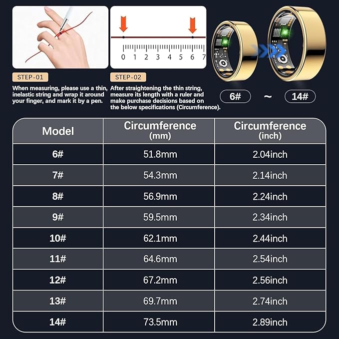 Smart Health Ring for Women Men, Fitness Tracker Ring with Heart Rate, Blood Oxygen, Sleep Tracker, Step Tracker, No Subscription Fee, IP68 Waterproof Smart Ring for iPhone & Android (Gold, 9#)