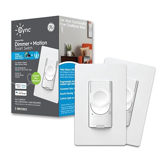 GE Lighting CYNC Smart Dimmer Light Switch + Motion Sensor, Neutral Wire Required, Bluetooth and 2.4 GHz Wi-Fi 4-Wire Switch, Compatible with Alexa and Google Home (2 Pack)