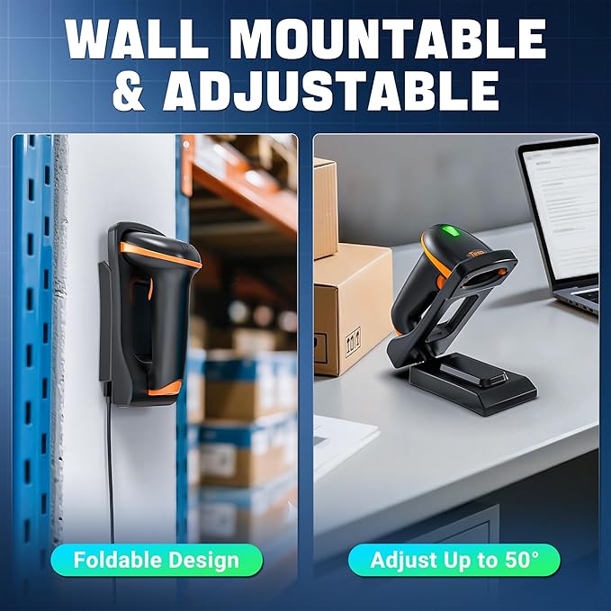 Tera 1D 2D QR Barcode Scanner with Adjustable Folding Stand and Charging Cradle, Wall Mountable 2.4G Wireless & USB 2.0 Wired QR Bar Code Reader with Vibration Alert Model D5100-Fold
