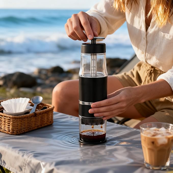 PIQUEBAR Portable Coffee Maker for Ground Coffee & Capsules, Small Espresso Machine Manual French Press Coffee Maker for Travel, Camping