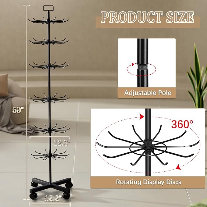 Exttlliy Retail Display Stand Store Display Rack 6 Tier Metal Spinning Display Stand Rack with Wheels Keychain Jewelry Stocking Hat Stand with Hooks for Malls, Showroom, Retail Store (6 Tier Black)