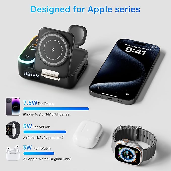Qi2 Wireless Charger 8in1 Magnetic Wireless Charger Fast Charging Station for iPhone, 65W Fast Foldable Charger with LED Clock, USB-C/A Ports, Multi-Device Charging, Travel charged, MagSafe Compatible