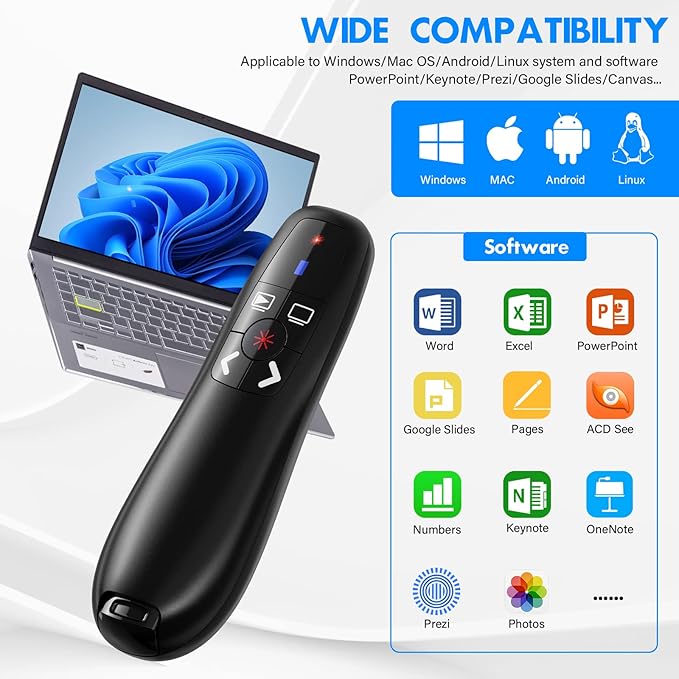 NinjaABXY Presentation Clicker Wireless Presenter Remote Clicker for PowerPoint Presentation, Laser Pointer RF 2.4GHz USB PowerPoint Clicker Slide Advancer with Volume Control for Computer/Laptop/Mac