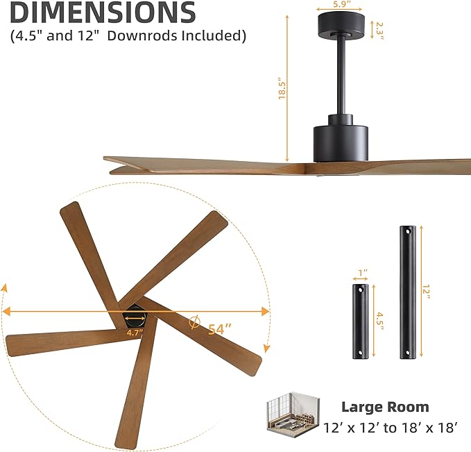 WINGBO 54" ABS DC Ceiling Fan No Light, 5 Blade Wood Grain ABS Ceiling Fan with Remote, 6-Speed Reversible DC Motor, Ceiling Fans without Light for Kitchen Bedroom Living Room, Matte Black and Walnut