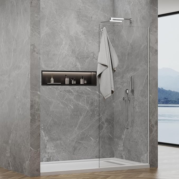 Shower Screen,32" W * 76" H Single Shower Glass Panel, 3/8"(10mm) Tempered Glass, Shower Wall Panels, Fix Shower Glass Screen for Bathroom - Bright Chrome