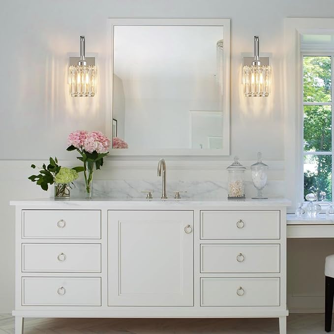 FDPBY Wall Sconces, Set of 2 Chrome Crystal Vanity Lights, Modern Wall Lamp for Bathroom, Hallway, and Makeup, Easy Installation