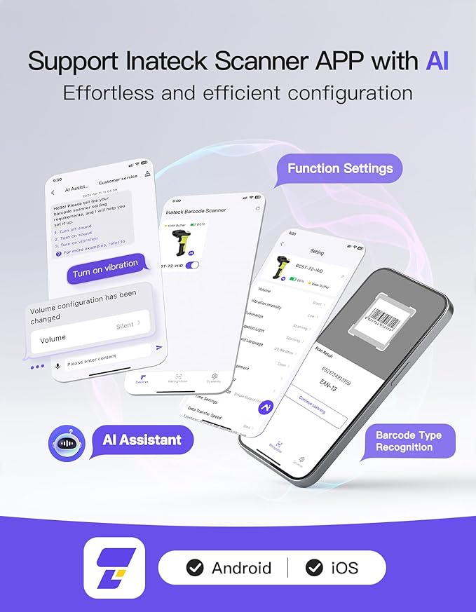 Inateck 2D Barcode Scanner, Wireless Bluetooth QR Code Scanner with AI APP & SDK, 180-Day Battery Life, Fast & Accurate Scanning, Compatible with iOS/Android/Windows