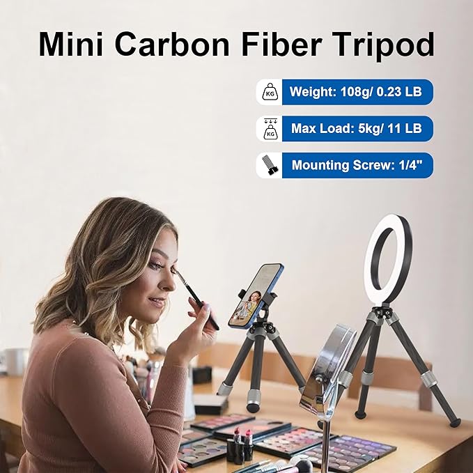 LEOFOTO Carbon Fiber Small Tabletop Travel Tripod, Weight 108g/0.23lb, Maxload 5kg/11lb, Lightweight Tripod Stand, 1/4" Inch Screw, for Camera/Phone Holder/Projector, MT-02C Long Version (MT-02CL)