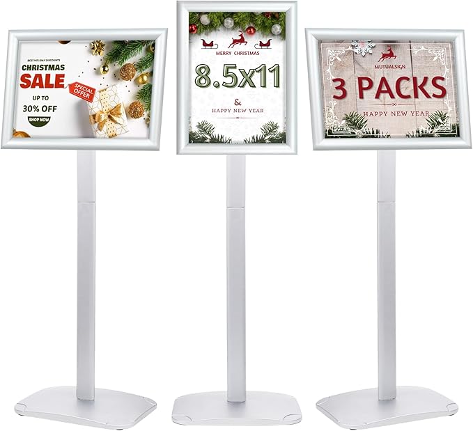 Mutualsign 3Pcs Heavy Duty Pedestal Sign Holder for Display, 8.5 x 11 inches Adjustable Floor Standing Sign Holder with Weighted Base ,Sign Stand for Indoor/Outdoor Advertising，Silver