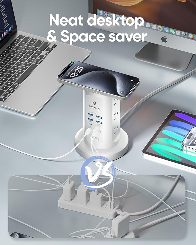 Kakyanill 115W USB Charging Station, Surge Protector Power Strip Tower, 9 AC Outlets with 8 USB Ports(4 USB-C), 6Ft Flat Plug Retractable Extension Cord, for Home Office Dorm, White