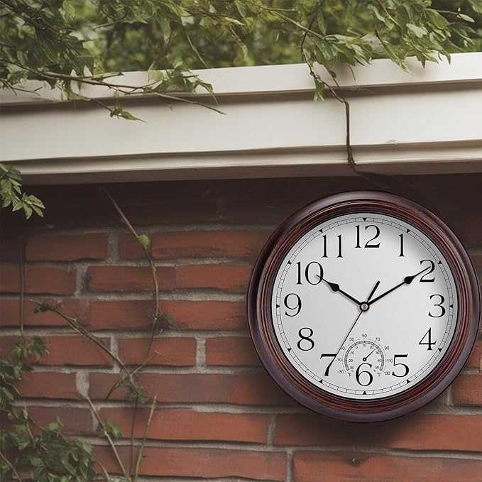 KECYET 12 Inch Outdoor Wall Clock with Thermometers, Vintage Silent Wall Clocks Battery Operated, Retro Non-Ticking Clock Decorative for Living Room, Patio, Kitchen, Office, Bathroom, Bedroom(Bronze)