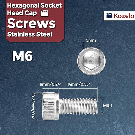 Kozelo 40pcs Socket Head Cap Screws - [M6-1 x 14mm] 304 Stainless Steel Allen Socket Drive for Electrical Motor 3D Printing Fan Engine Replacement Use, Silver