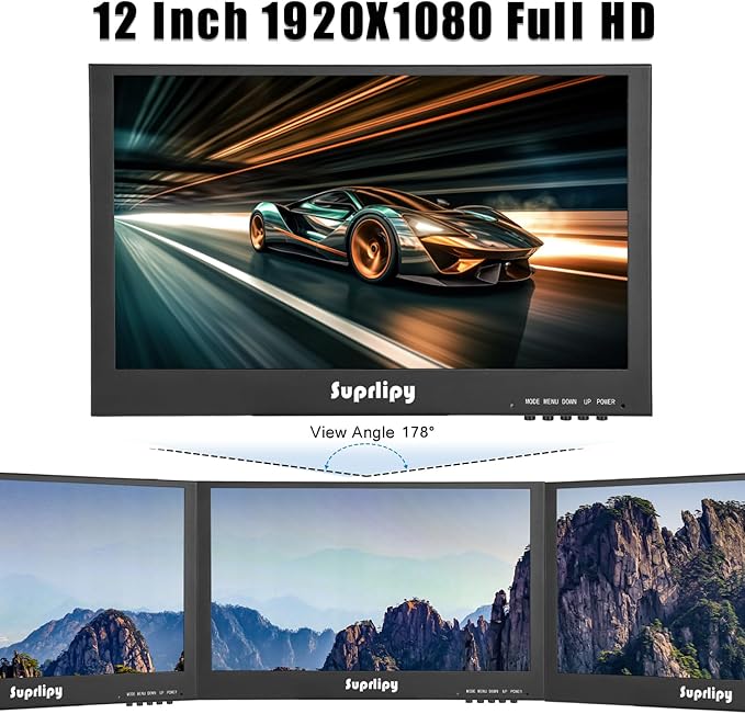 Suprlipy 12 Inch Mini Small HDMI Monitor 1920x1080 16:9 IPS Metal Housing LCD Display Screen Support HDMI/VGA/AV/BNC Input Built-in LounSpeakers for PC CCTV Security Camera RasPi