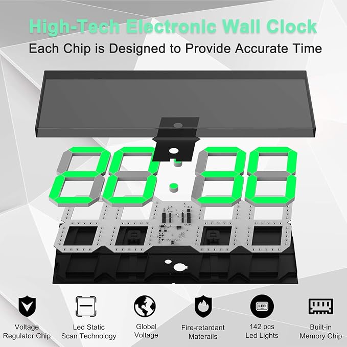 CHKOSDA LED Large Digital Wall Clock, Oversize Wall Clock with 6” Numbers, Remote Control Count up/Countdown Timer Clock, Auto Dimmer, Big Calendar and Thermometer(Green)