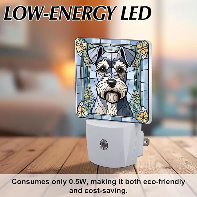 PODMemory Miniature Schnauzer Stained Glass Night Lights Plug into Wall for Room, Miniature Schnauzer Night Light LED for Bedroom