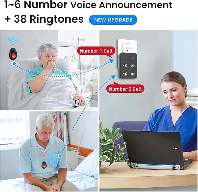 CallToU Wireless Call Button Caregiver Pager Nurse Call System for Elderly/Patients at Home/Hospital with Voice Announcements and LED Number Display (6 Waterproof Call Button & 3 Receiver)