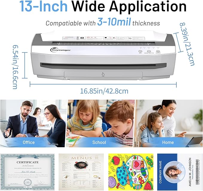 Buyounger 3-10 Mil Laminator Machine, 4-Roller Commercial Laminator Machine with 50 Laminating Sheets, 13 Inch Laminating Machine 11X17 with 1000mm/min Speed & REV Jam-Free for Office School Home