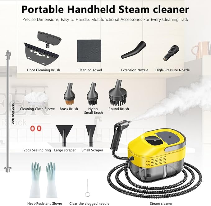 2026 New 3 Level Adjustable Pressurized Handheld Steam Cleaner for Home, 10s Heat-Up Handheld Steamer for Cleaning, 1.6 Qt Tank Portable Steam Cleaner Handheld for Car,Grout,Tile,Couch,Floor