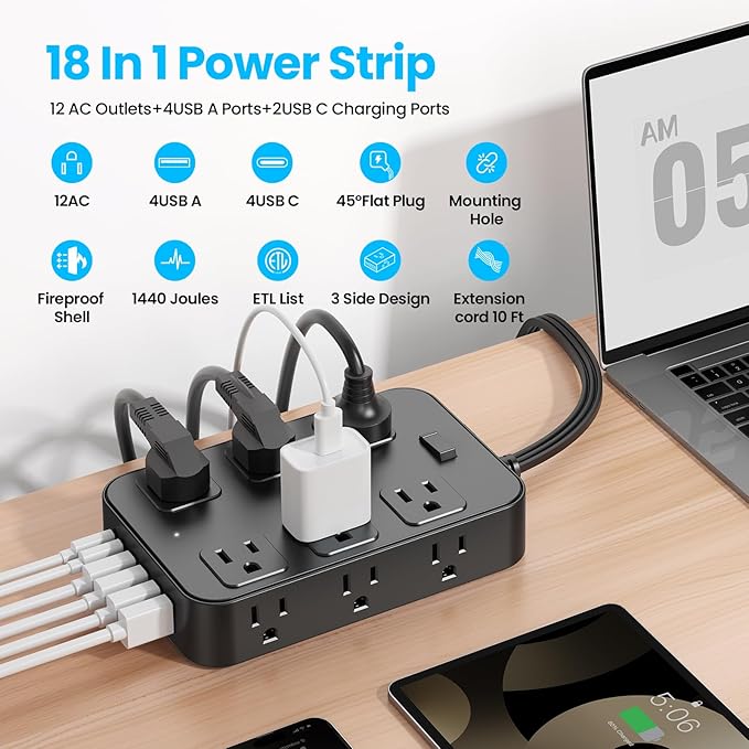 Solidock Flat Plug Power Strip Surge Protector with 12 AC Outlets 6 USB Ports 3 Side Multi Plug Outlet Extender 10 Ft Extension Cord for Home Office Kitchen Dorm Wall Desk Charging Station ETL Listed