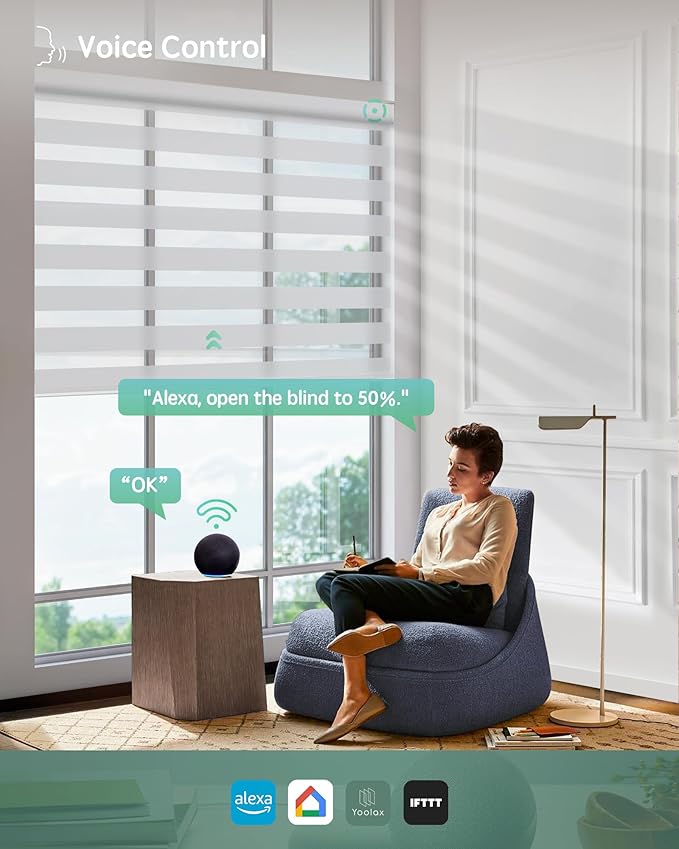 Yoolax Motorized Zebra Blinds Compatible with Alexa,Motorized Blinds with Remote Smart Automatic Custom Electric Window Blinds Cordless Indoor Blackout for Home Bedroom Kitchen (Pearl White)