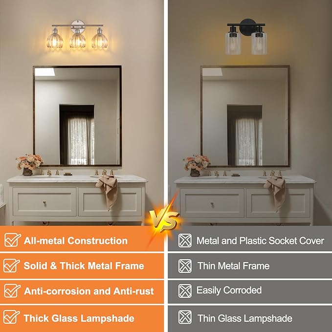 Shenmoyl Bathroom Light Fixtures, 3-Light Vanity Wall Light Over Mirror with Amber Tulip Glass Shade for Bedroom Living Room (Bulb Not Included), Satin Nickel