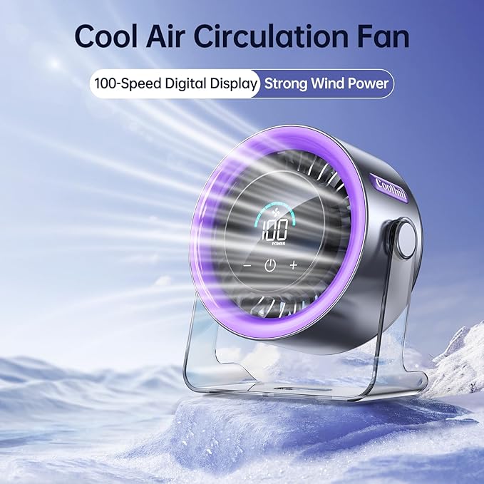 Coolhill USB Desk Fan for Bedroom: 100 Speeds Digital Display Quiet Table Fan with Turbo Airflow, 120° Rotating Small Rechargeable Battery Desktop Fans for Bedroom Home Office (Purple)