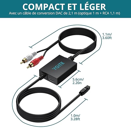 YGiTK Optical to RCA Adapter 192kHz DAC Digital to Analog Audio Converter 7ft/2.1m Long DAC Converter Digital Audio Optical to RCA Male Cable Plug&Play for HDTV, DVD, Blu-Ray Players and Game Consoles