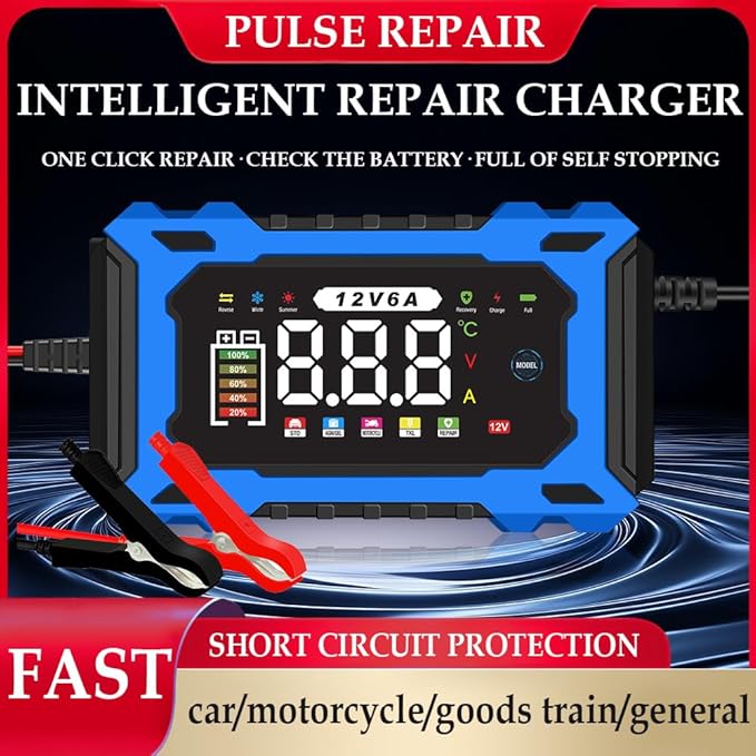 6-Amp 12V Smart Car Battery Charger, Battery Maintainer Trickle Charger with Desulfator, Pulse Repair & Overcharge Protection - for Car Lawn Mower Marine Lead-Acid Batteries (Blue)